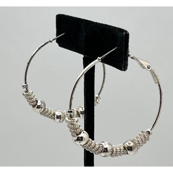 Silver Tone Hoop Earrings with Beaded Spring Twist Detail - Picture 4 of 6